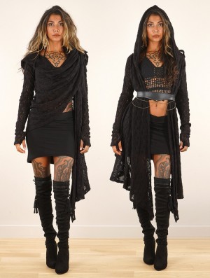 Toonzshop Danaeriz Long Sleeve Hooded Crochet Shawl Cardigan Naisten Neuletakki Mustat | 1342WCNEI