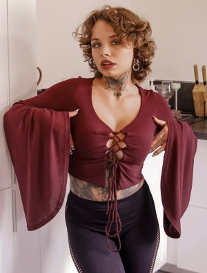 Toonzshop Elfique Flared Long Sleeve Crop Top With Front Lacing Naisten Topit Wine | 8107ZWGLF