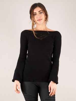 Toonzshop Endaria Open Work Boat Neck Knit Sweater Naisten Villapaita Mustat | 5472PXKQJ