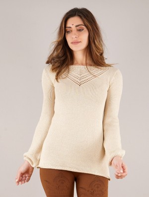 Toonzshop Endaria Open Work Boat Neck Knit Sweater Naisten Villapaita Beige | 4591XWVAF