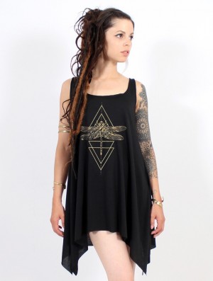 Toonzshop Geometric Dragonfly Printed Knotted Sleeveless Tunic Naisten Topit Mustat Kultaiset | 1653SPCTL